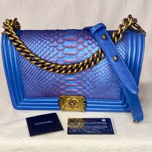 CHANEL Iridescent Blue and Gold snakeskin boy bag